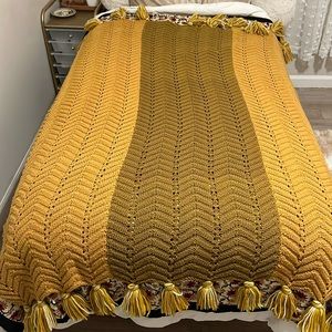 mustard and dark tan Chevron knit blanket throw with fringes